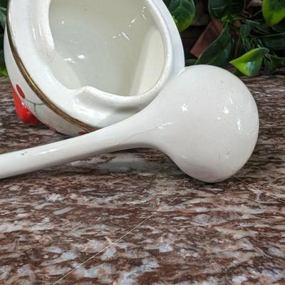 Vintage Christmas Bell Sugar Bowl Hand Painted Italy Serving Dish with Bow and Spoon Porcelain