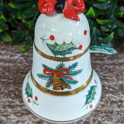 Vintage Christmas Bell Sugar Bowl Hand Painted Italy Serving Dish with Bow and Spoon Porcelain