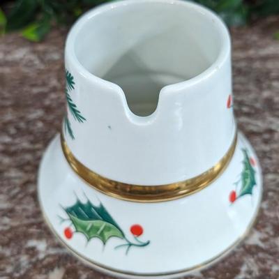 Vintage Christmas Bell Sugar Bowl Hand Painted Italy Serving Dish with Bow and Spoon Porcelain
