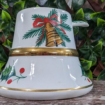 Vintage Christmas Bell Sugar Bowl Hand Painted Italy Serving Dish with Bow and Spoon Porcelain