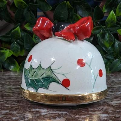 Vintage Christmas Bell Sugar Bowl Hand Painted Italy Serving Dish with Bow and Spoon Porcelain