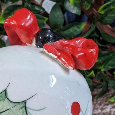 Vintage Christmas Bell Sugar Bowl Hand Painted Italy Serving Dish with Bow and Spoon Porcelain