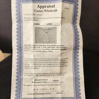 14kt Yellow Gold & Chalcedony Drop Pendant w 14Kt Gold 17" Chain