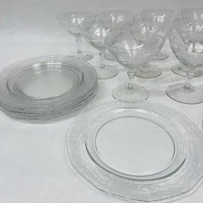 Set of salad plates & wine glasses - Fostoria depression glass