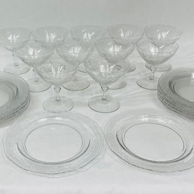 Set of salad plates & wine glasses - Fostoria depression glass