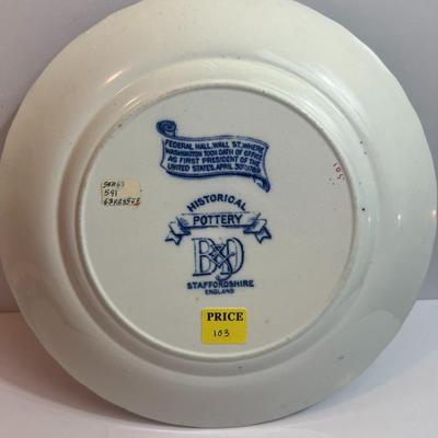 Staffordshire Antique Porcelain 9-3/4" Plate...Federal Hall Wall Street where Washington took the Oath of Office in VG Preowned...