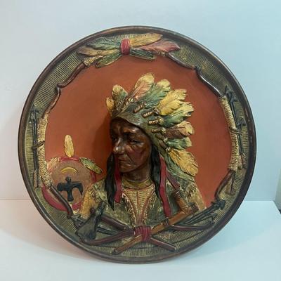 Very Rare Terracotta Wall Indian w/Head Dress 10" Plate by Johann Maresch Austria 1841 in VG Preowned Condition.