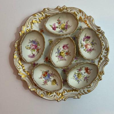 Antique Dresden Raised Porcelain Deviled Egg Dish 8-1/2" Diameter in VG Preowned Condition.
