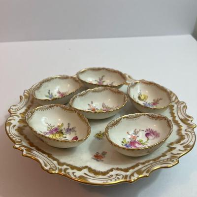 Antique Dresden Raised Porcelain Deviled Egg Dish 8-1/2" Diameter in VG Preowned Condition.