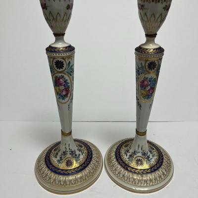 Antique Pair of Ovington Brothers Dresden 13-1/2" Porcelain Candle Holders in VG Preowned Condition.