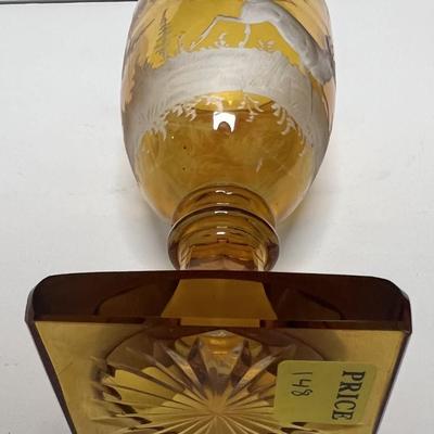 Antique Moser/Bohemian Style Art Glass Amber & Clear-Cut Covered Vase 9-3/4" Tall in VG Preowned Condition.