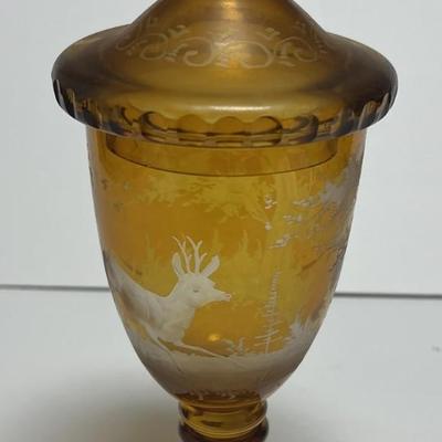 Antique Moser/Bohemian Style Art Glass Amber & Clear-Cut Covered Vase 9-3/4" Tall in VG Preowned Condition.
