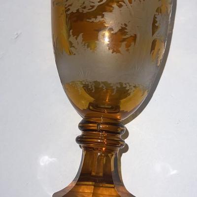 Antique Moser/Bohemian Style Art Glass Amber & Clear-Cut Covered Vase 9-3/4" Tall in VG Preowned Condition.
