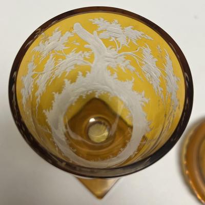 Antique Moser/Bohemian Style Art Glass Amber & Clear-Cut Covered Vase 9-3/4" Tall in VG Preowned Condition.