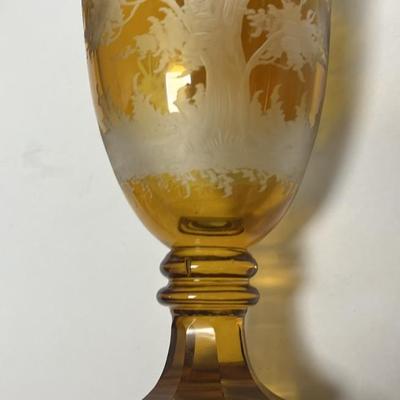 Antique Moser/Bohemian Style Art Glass Amber & Clear-Cut Covered Vase 9-3/4" Tall in VG Preowned Condition.