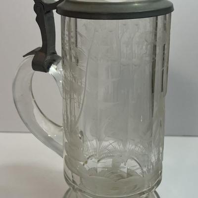 Antique Scarce Heavy Leaded Etched Glass Stein 8" Tall in Very Good Preowned Condition as Pictured.