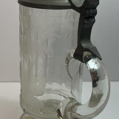 Antique Scarce Heavy Leaded Etched Glass Stein 8" Tall in Very Good Preowned Condition as Pictured.