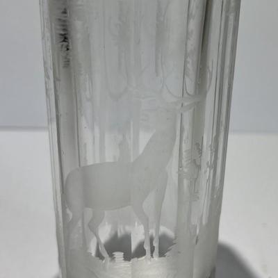 Antique Early Hand Etched Leaded DEER Scene Small Water Glass 5-1/2" Tall as Pictured.