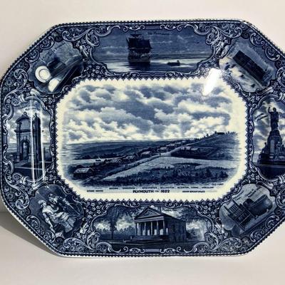 OCTAGONAL FLOW BLUE STAFFORDSHIRE PLATTER "Plymouth, Mass., 1622". By A.S. Burbank. Length 16-1/2" x 13" in VG...