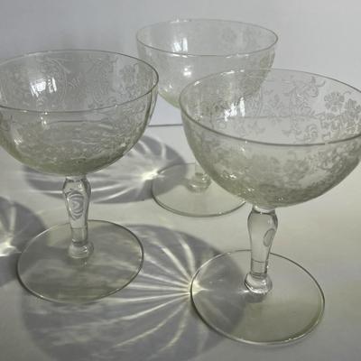 3-Antique Early Duncan & Miller Etched Cordial/Wine Glasses in Good Preowned Condition as Pictured.