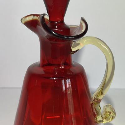 Antique/Vintage Hand-Blown Art Glass Vinegar Jar 6-3/4" Tall w/Stopper as Pictured.