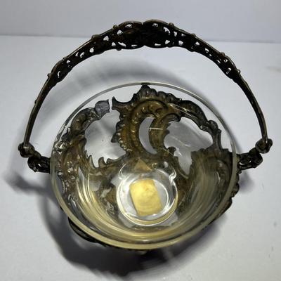 Antique .800 Silver Mini Cheese Basket w/Glass Bowl 3.5" x 4.5" in VG Preowned Condition.