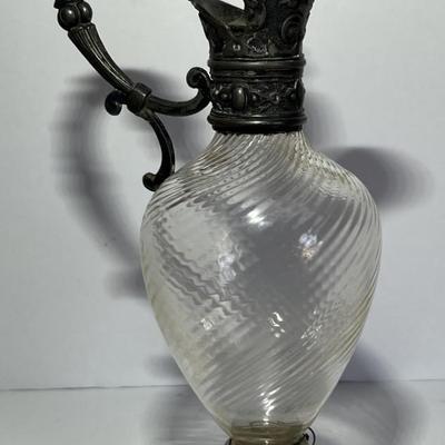 Antique Silver-Plated Swirl Glass Oil/Vinegar Pourer w/Stopper 8" Tall in VG Preowned Condition.