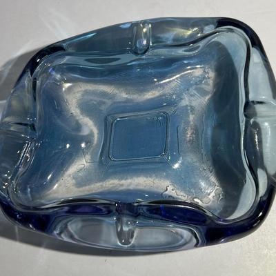 Vintage Blue Art Glass Ashtray 6" x 5" in Good Preowned Condition as Pictured.