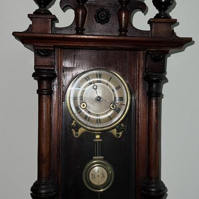 Antique c1900 Key Wind Wall Clock 33" Tall & 12" in VG Preowned Condition w/Keys & Fantastic Horse Finial as Pictured....