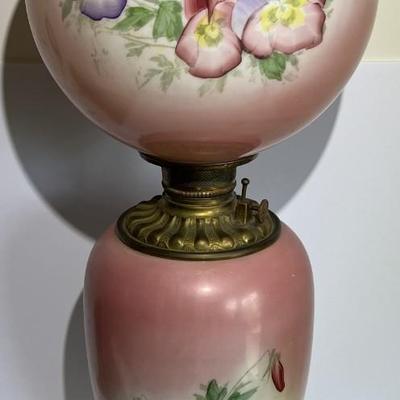 Victorian "Gone with the Wind" Electrified Oil Lamp 31" Tall w/Hand Painted Flowers in VG Preowned Condition.