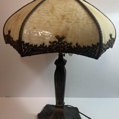 Antique c1900 Handel Style 6-Panel Slag Glass Lamp 22" Tall in Good Preowned Condition.