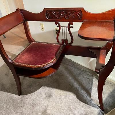 Vintage/Antique Phone Table, Gossip Bench, Duncan Phyfe Writing Desk, Harp Chair 37" Wide, 31" Tall, & 16" Deep in VG...