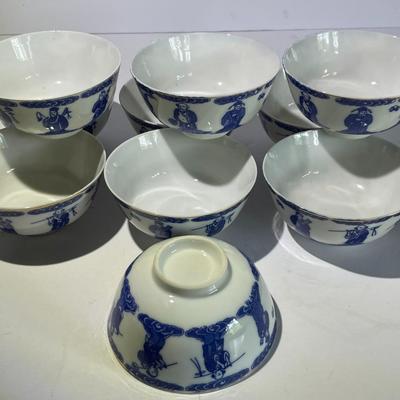 10 Vintage/Antique Chinese Immortal Blue/White Porcelain Rice Bowls 4" Diameter in Good Preowned Condition.