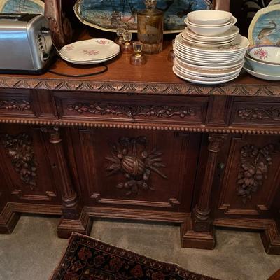 Antique 19th Century Buffet Sideboard Hunting Birds Furniture Unit 87" Tall, 67" Wide, 26.5" Deep as Pictured.