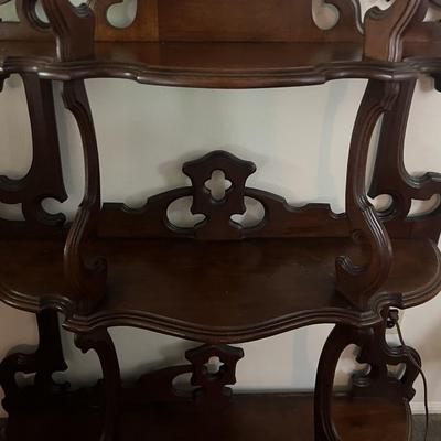 Antique Beveled Glass Mirror Wooden Wall Unit 74" Tall x 48" Base in VG Preowned Condition.