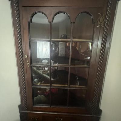 Antique Corner Cabinet Curio Wall Unit 82" Tall x 42" Base in VG Preowned Condition.