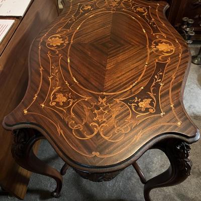 Antique Inlaid Design Lamp Table 36.5" Long x 23.5" Wide & 29" Tall in VG Preowned Condition as Pictured.