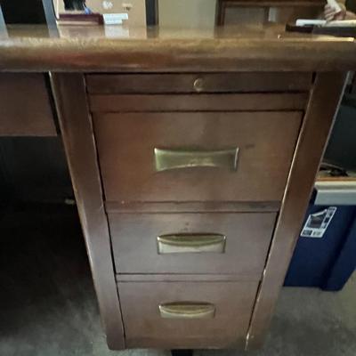 Vintage Mid-Century Heavy Wooden Desk 48.5" x 29" x 28.5" Tall in Fair-Good Condition.