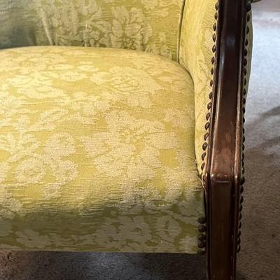 Vintage Light Green Upholstered Wing Chair w/Wooden Legs as Pictured.