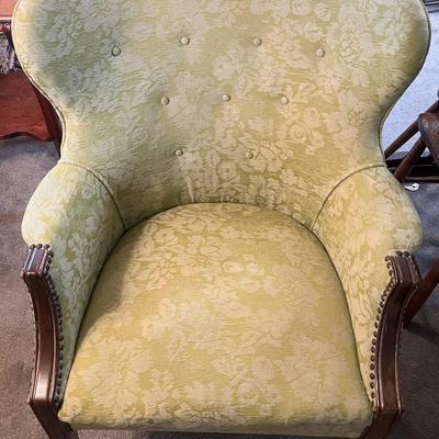 Vintage Light Green Upholstered Wing Chair w/Wooden Legs as Pictured.