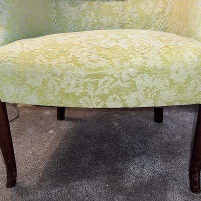 Vintage Light Green Upholstered Round Back Wing Chair w/Wooden Legs as Pictured.