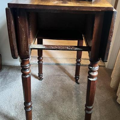 Antique Drop Leaf Double Drawer Table w/Wheels and Back Hatch 27-1/4" as Pictured.