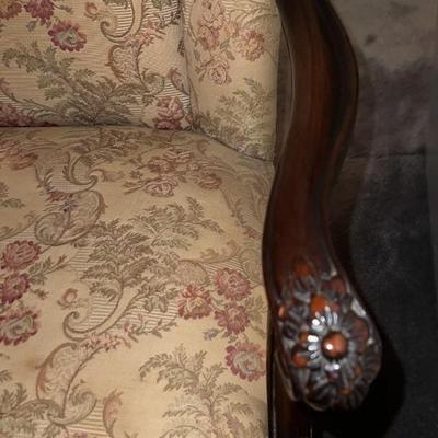 Vintage Upholstered Carved Wooden Arms & Legs in Good Preowned Condition.