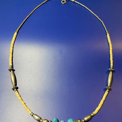 Vintage Native American Southwest 19" Sterling Silver Turquoise & Coral Chip Bead Necklace in Very Good Preowned Condition.