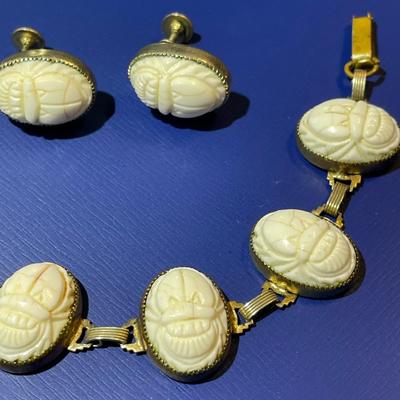 Vintage Heavily Worn White Scarab Fashion Bracelet 7" w/Earrings in Fair-Good Preowned Condition as Pictured.