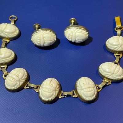 Vintage Heavily Worn White Scarab Fashion Bracelet 7" w/Earrings in Fair-Good Preowned Condition as Pictured.