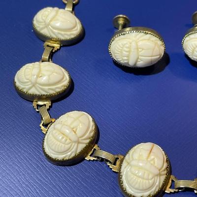 Vintage Heavily Worn White Scarab Fashion Bracelet 7" w/Earrings in Fair-Good Preowned Condition as Pictured.