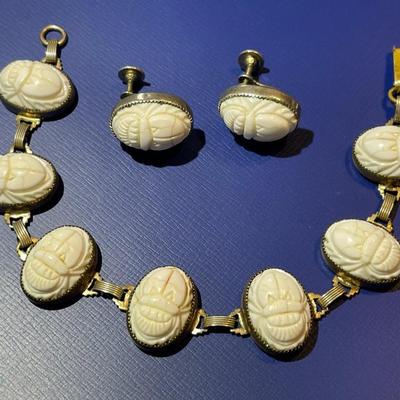 Vintage Heavily Worn White Scarab Fashion Bracelet 7" w/Earrings in Fair-Good Preowned Condition as Pictured.