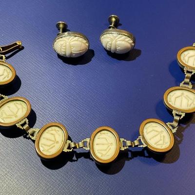 Vintage Heavily Worn White Scarab Fashion Bracelet 7" w/Earrings in Fair-Good Preowned Condition as Pictured.