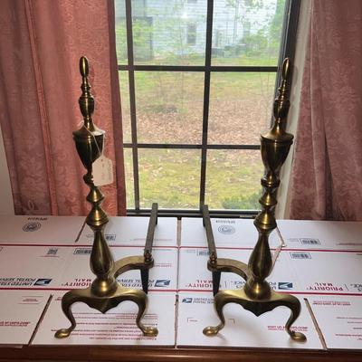 Vintage Pair of Mid-Century Fireplace Brass Andirons 22" Tall as Pictured.
